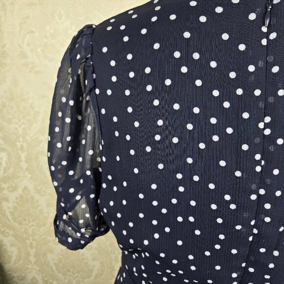 DKNY Size 4 Navy Blue Midi Dress White Polka Dots Vneck Sheer Ruched Sleeves - Picture 11 of 15